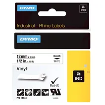 Dymo 18444 Black On White Vinyl Adhesive Tape 12mm x 5.5m
