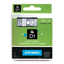 Dymo 45020 White On Clear D1 Adhesive Labelling Tape 12mm x 7m (S0720600 Tape)