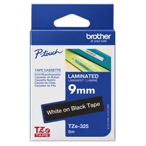 Brother TZe-325 White On Black Laminated P-Touch Adhesive Labelling Tape 9mm x 8m