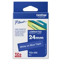 Brother TZe-555 White On Blue Laminated P-Touch Adhesive Labelling Tape 24mm x 8m