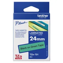 Brother TZe-751 Black On Green Laminated P-Touch Adhesive Labelling Tape 24mm x 8m