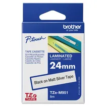 Brother TZe-M951 Black On Silver Metallic Matte Laminated P-Touch Adhesive Labelling Tape 24mm x 8m