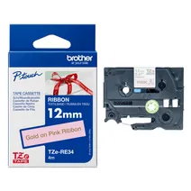 Brother TZERE34 Gold On Pink Fabric Labelling Tape 12mm x 4m