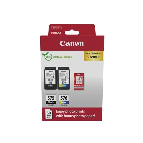 Canon PG-575/CL-576 Black And Tri-Colour & Photo Paper Value Pack - (5438C004)