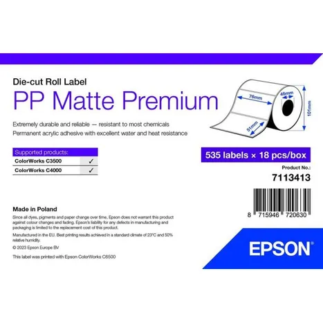 Epson 7113413 Matte White Die-Cut Label Roll - (535 Labels - 76 x 51 mm)