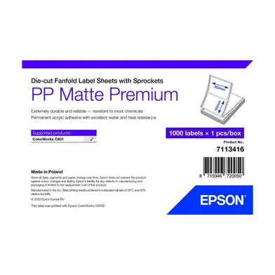 Epson 7113416 Matte White Die-Cut Fanfold Label Sheets With Sprockets - (1,000 Labels - 203 x 152 mm)