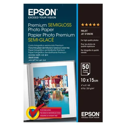 Epson 251gsm 10x15cm Premium Semi Glossy Photo Paper (C13S041765 50 Sheets 6x4in. Inkjet Photo Paper)