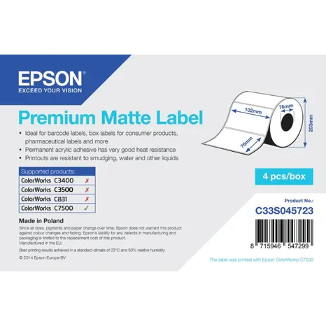 Epson C33S045723 Matte White Die-Cut Label Roll - (1,570 Labels - 102 x 76 mm)