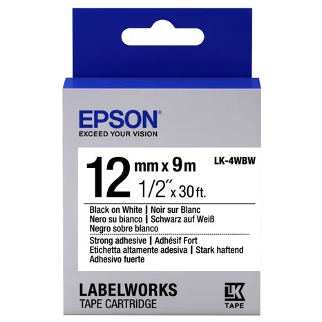 Epson C53S654016 Strong Adhesive Black on White Labelling Tape 12mm x 9m - (LK-4WBW)