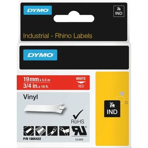 Dymo 1805422 White On Red Vinyl Adhesive Labels 19mm x 5.5m