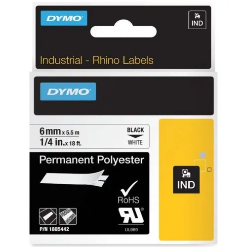 Dymo Black On White Permanent Polyester Adhesive Tape 6mm x 5.5m (1805442)