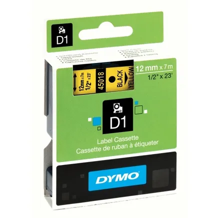 Dymo 45018 Black On Yellow D1 S0720580 Adhesive Labelling Tape 12mm x 7m (S0720580)