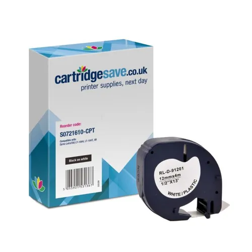 Compatible Dymo S0721610 Black On White LetraTag Adhesive Label Plastic Tape 12mm x 4m