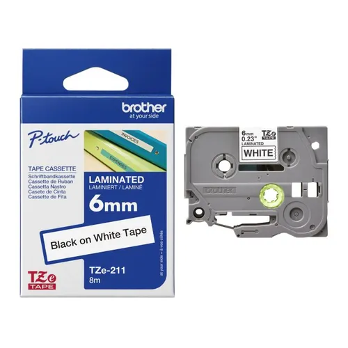 Brother TZe-211 Black On White Laminated P-Touch Adhesive Labelling Tape 6mm x 8m