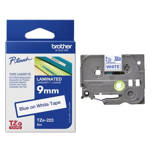 Brother TZe-223 Blue On White Laminated P-Touch Adhesive Labelling Tape 9mm x 8m