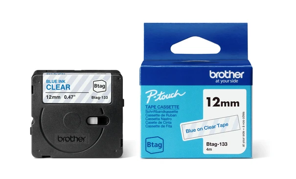 Brother BTAG-133 Blue On Clear Laminated P-Touch Adhesive Labelling Tape 12mm x 4m
