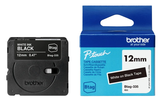 Brother BTAG-335 White On Black Laminated P-Touch Adhesive Labelling Tape 12mm x 4m