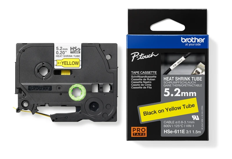 Brother HSE-611E Black On Yellow Heat Shrink Tube Tape 5.2mm x 1.5m