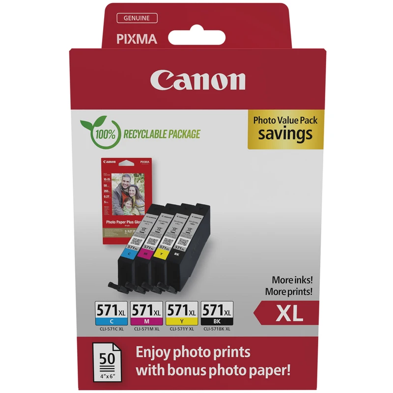 High Capacity 4 Colour Canon CLI-571XL Ink Cartridge Multipack with Photo Paper - (0332C005 Photo Value Pack)