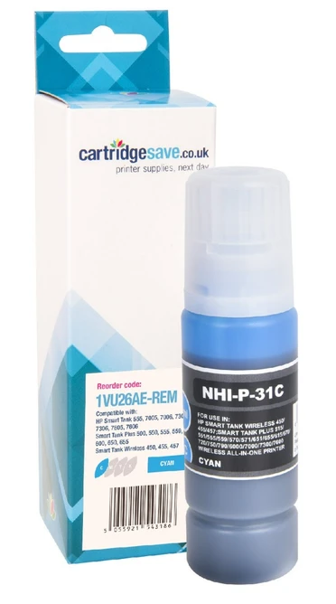 Compatible HP 31 Cyan Ink Bottle - (1VU26AE)