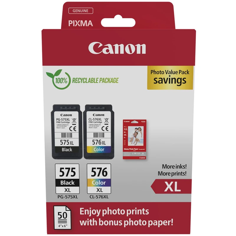 Canon PG-575XL/CL-576XL High Capacity Black & Tri-Colour Ink Cartridge & Photo Paper Multipack - (5437C006)