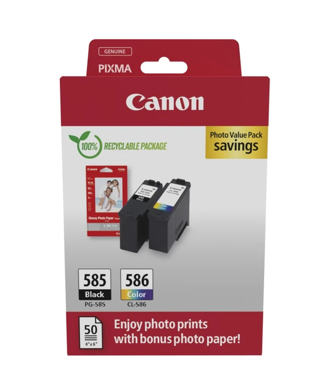 Canon PG-585 / CL-586 Black And Tri-Colour & Photo Paper Value Pack - (6205C004)