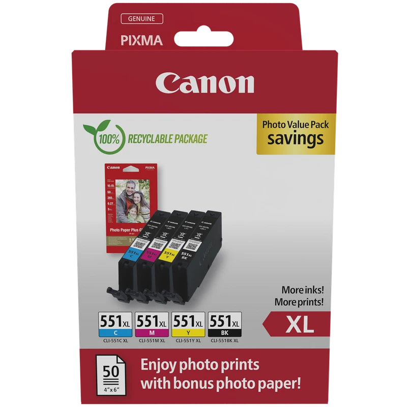 Canon CLI-551XL 4 Colour Ink Cartridge Multipack with Photo Paper - (6443B006)
