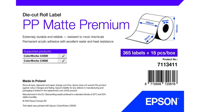 Epson 7113411 Matte White Die-Cut Label Roll - (365 Labels - 102 x 76 mm)