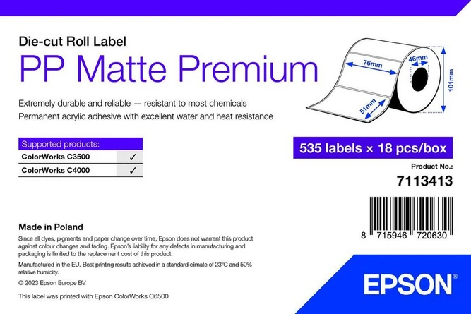 Epson 7113413 Matte White Die-Cut Label Roll - (535 Labels - 76 x 51 mm)
