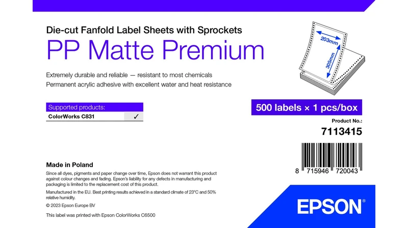 Epson 7113415 Matte White Die-Cut Fanfold Label Sheets With Sprockets - (500 Labels - 203 x 305 mm)
