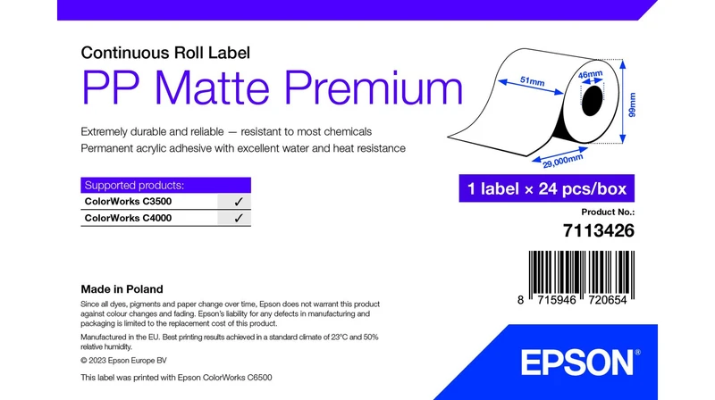 Epson 7113426 Matte White Continuous Label Roll - (51 mm x 29 m)