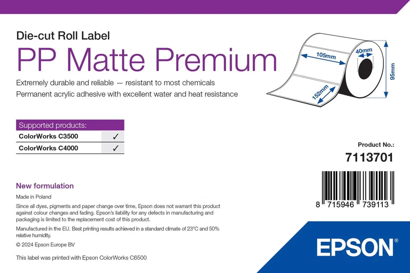 Epson 7113701  Matte White Die-Cut Label Roll - (185 Labels - 105 x 152 mm)