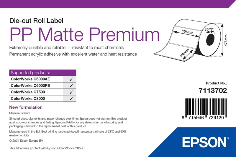 Epson 7113702 Matte White Die-Cut Label Roll - (800 Labels - 105 x 152 mm)