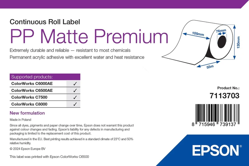 Epson 7113703 Matte White Continuous Label Roll - (105 mm x 55 m)