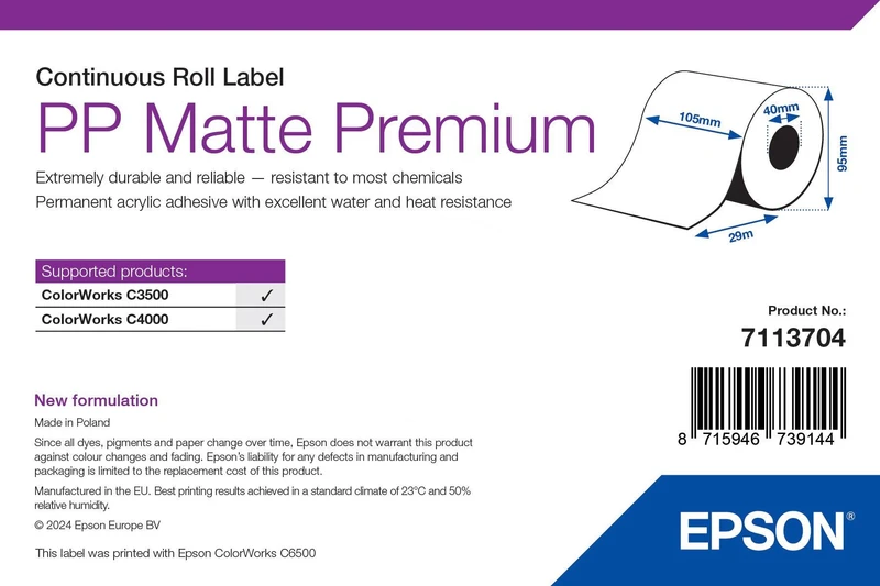 Epson 7113704 Matte White Continuous Label Roll - (105 mm x 29 m)