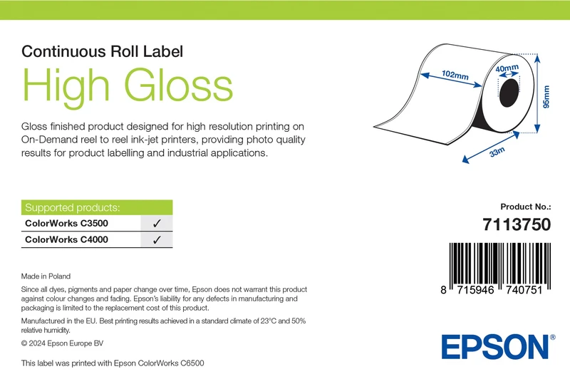 Epson 7113750 High Gloss Continuous Label Roll - (120 mm x 33 m)