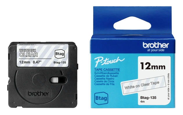 Brother BTAG-135 White On Clear Laminated P-Touch Adhesive Labelling Tape 12mm x 4m