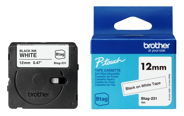 Brother BTAG-231 Black On White Laminated P-Touch Adhesive Labelling Tape 12mm x 4m