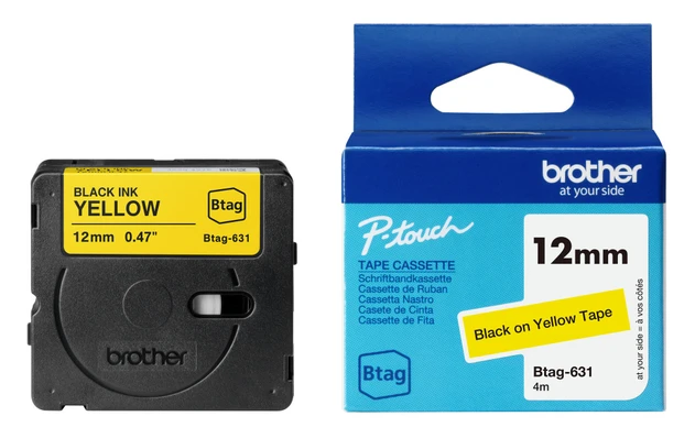 Brother BTAG-631 Black On Yellow Laminated P-Touch Adhesive Labelling Tape 12mm x 4m