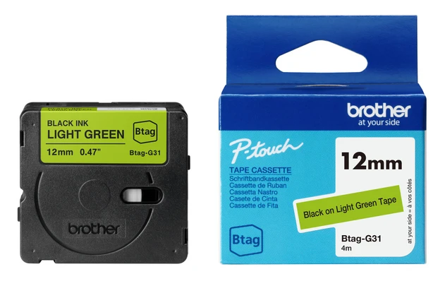 Brother BTAG-G31 Black On Light Green Laminated P-Touch Adhesive Labelling Tape 12mm x 4m