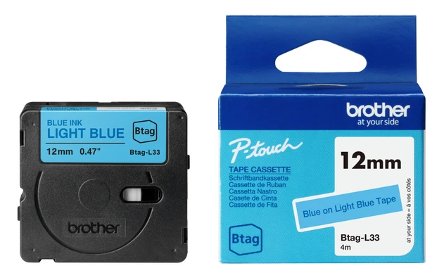 Brother BTAG-L33 Blue on Light Blue Laminated P-Touch Adhesive Labelling Tape 12mm x 4m