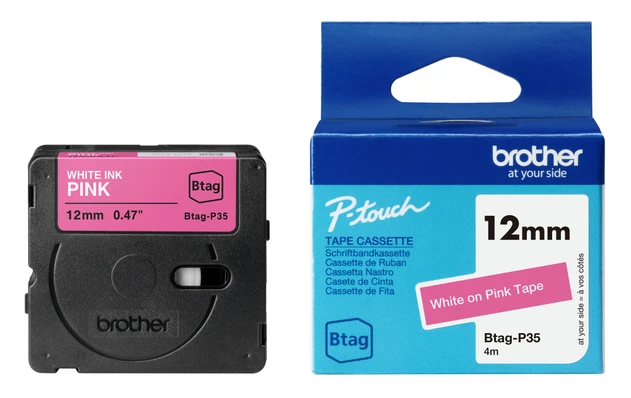 Brother BTAG-P35 White on Pink Laminated P-Touch Adhesive Labelling Tape 12mm x 4m