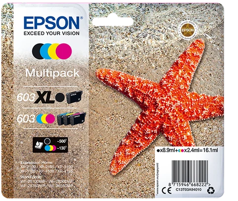 Epson 603 / 603XL High Capacity Black & 3 Standard Capacity Colour Ink Cartridge Multipack - (C13T03A94010 Starfish)