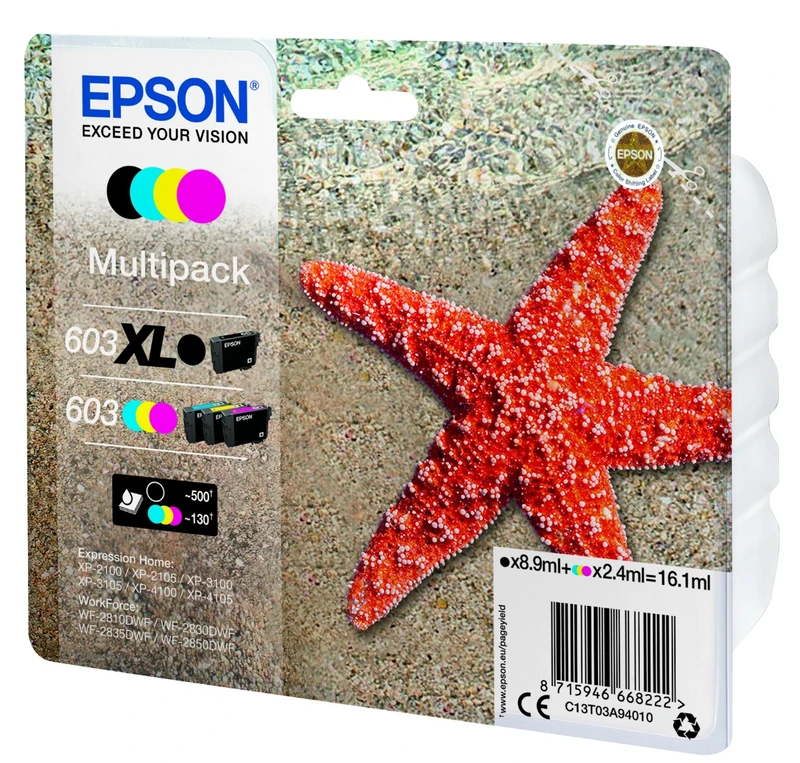 Epson 603 / 603XL High Capacity Black & 3 Standard Capacity Colour Ink Cartridge Multipack - (C13T03A94010 Starfish)