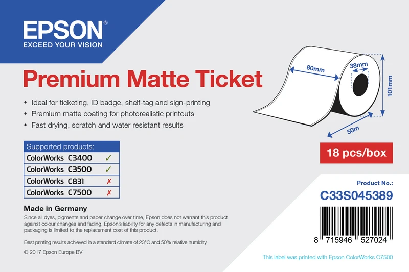 Epson C33S045389 Matte White Continuous Label Roll - (80 mm x 50 m)