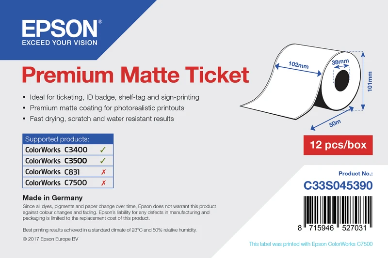 Epson C33S045390 Matte White Continuous Label Roll - (102 mm x 50 m)