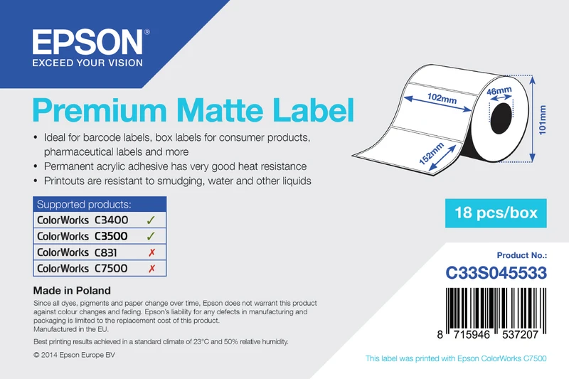 Epson C33S045533  Matte White Die-Cut Label Roll - (225 Labels - 102 x 152 mm)