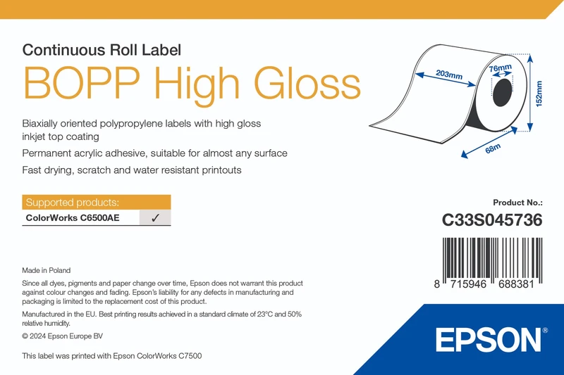 Epson C33S045736 BOPP High Gloss Continuous Label Roll - (203 mm x 68 m)