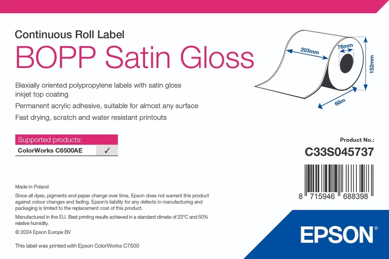 Epson C33S045737 BOPP Satin Gloss Continuous Label Roll - (203 mm x 68 m)