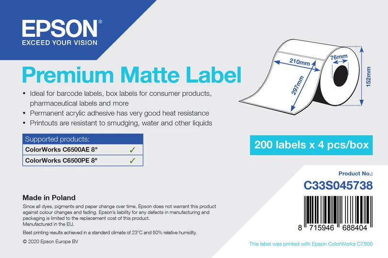 Epson C33S045738 Matte White Die-Cut Label Roll - (200 Labels - 210 x 297 mm)
